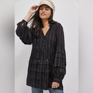Anthropologie Quinn Black Tunic Top Sequin Ballon Sleeve Boho size S Relaxed Fit